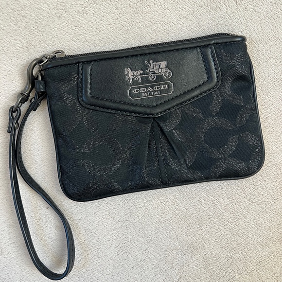 Coach Handbags - Coach Black Signature Jacquard Wristlet | Leather Trim | Zip Pouch